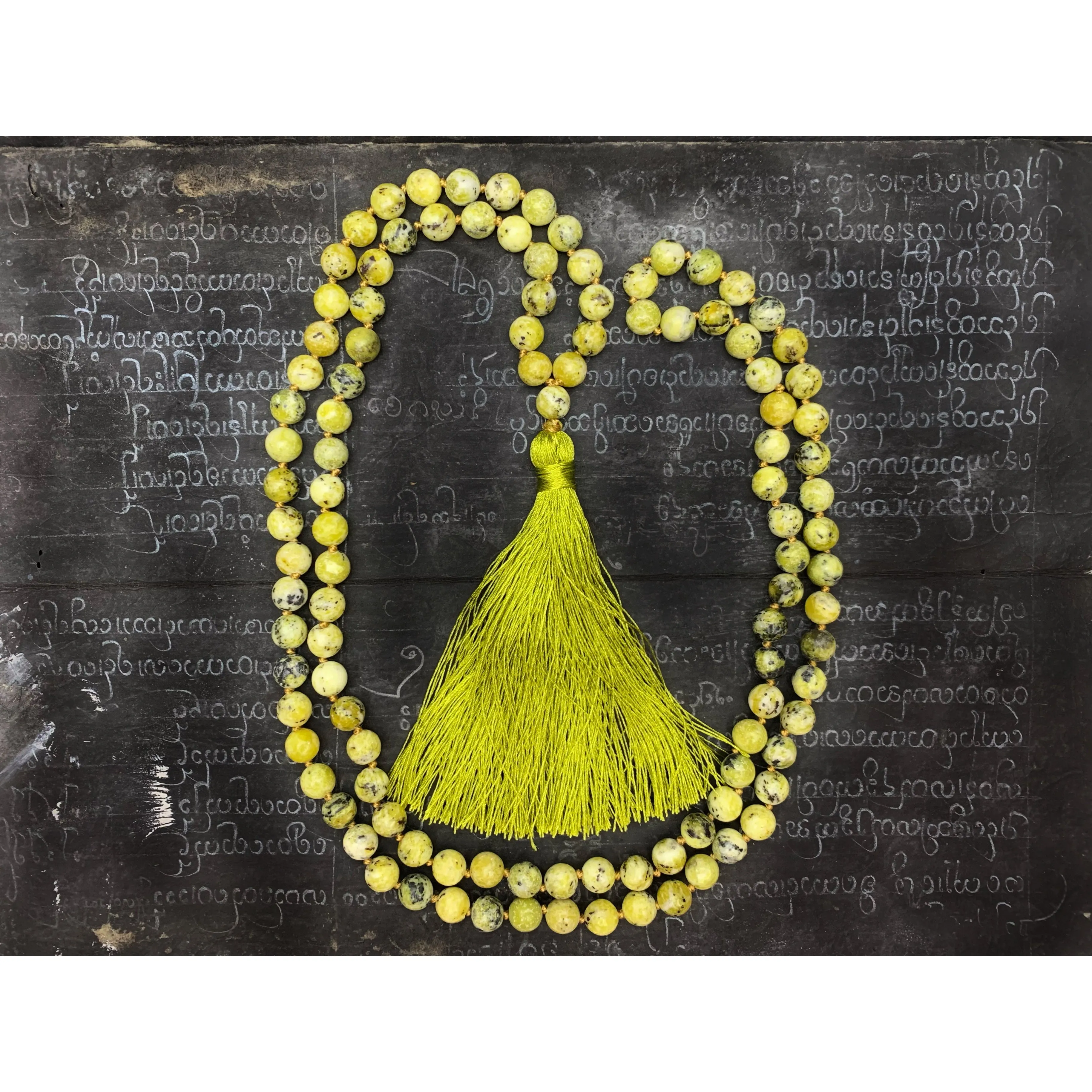 Green Serpentine 9mm Knotted Mala with Silk Tassel #113