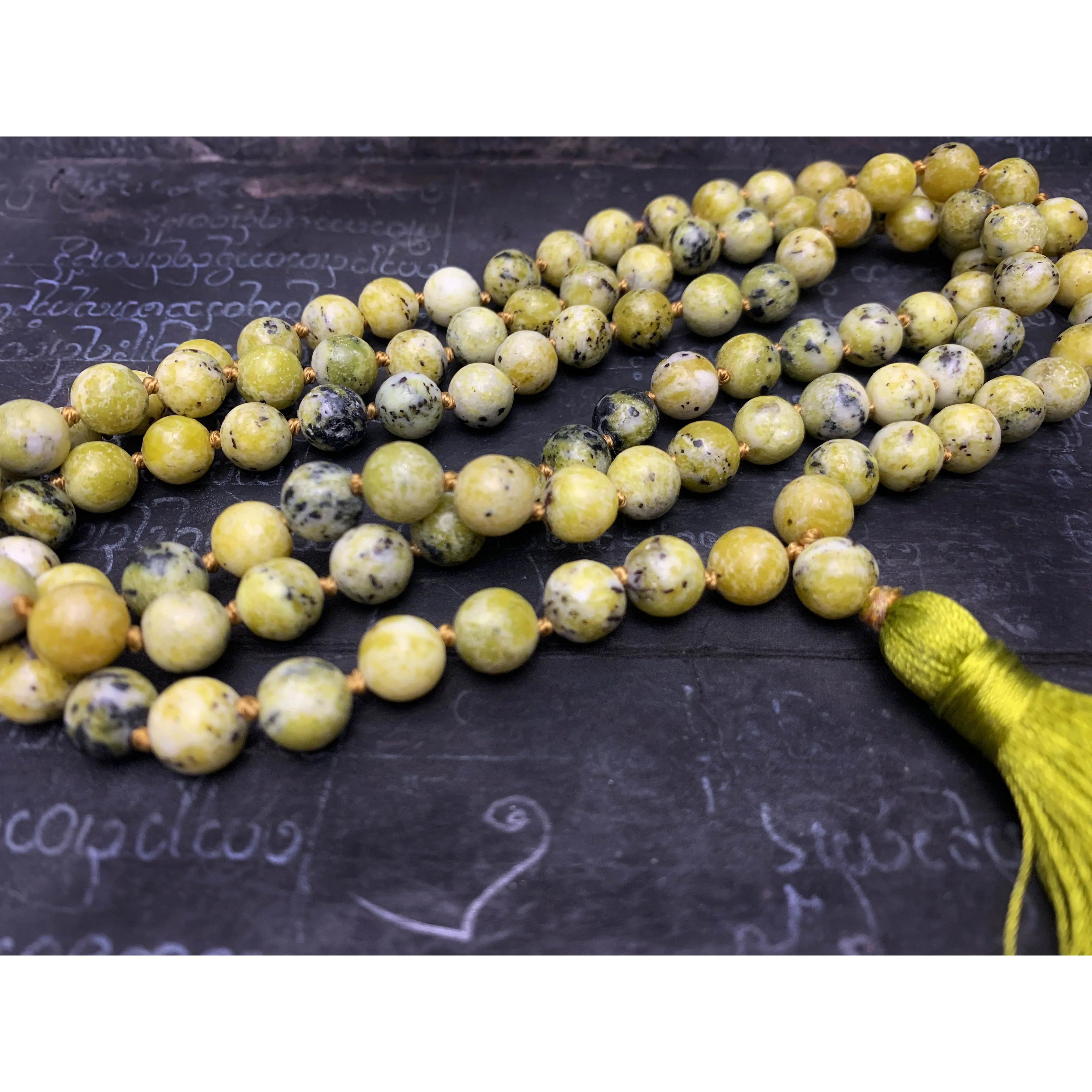 Green Serpentine 9mm Knotted Mala with Silk Tassel #113