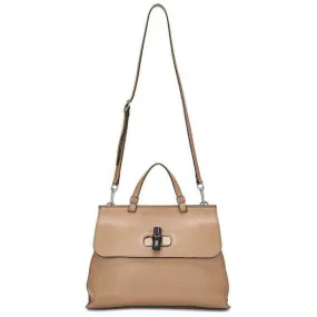 Gucci Medium Camelia Bamboo Daily Top Handle Beige Brown Leather Shoulder Bag