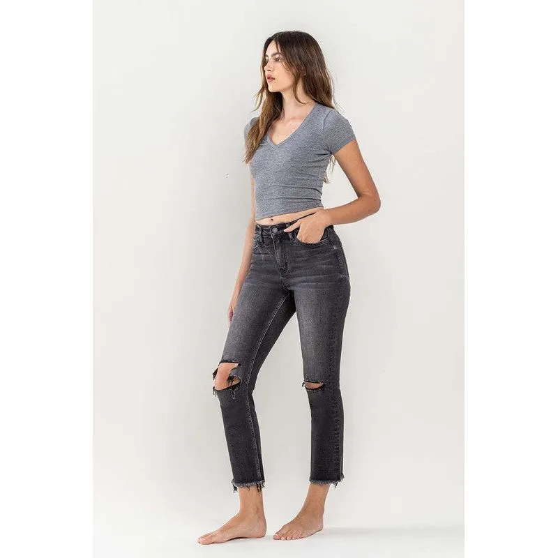 High Rise Stretch Distressed Crop Slim Straight