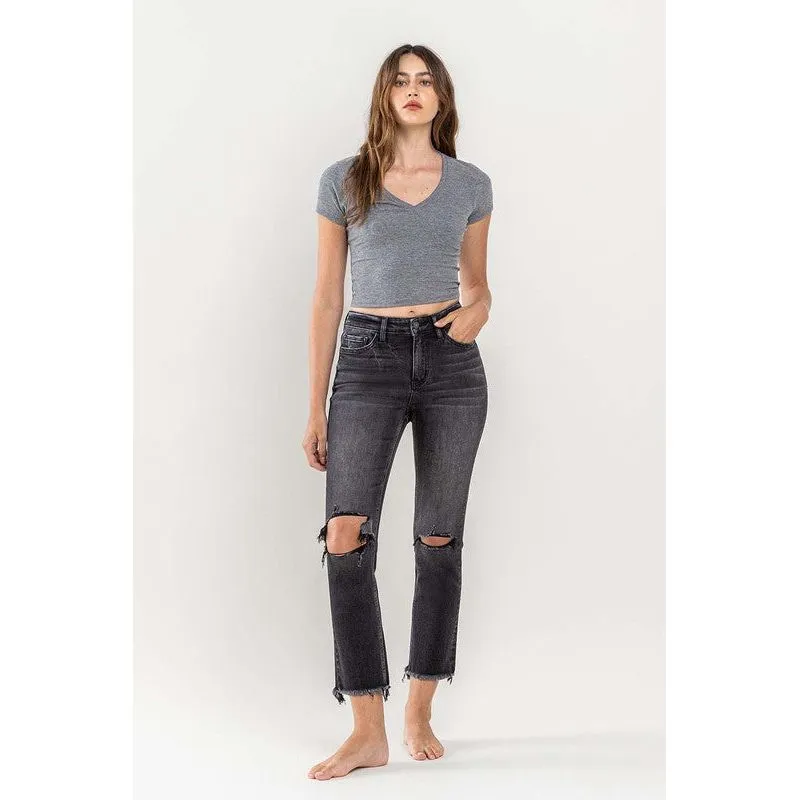 High Rise Stretch Distressed Crop Slim Straight