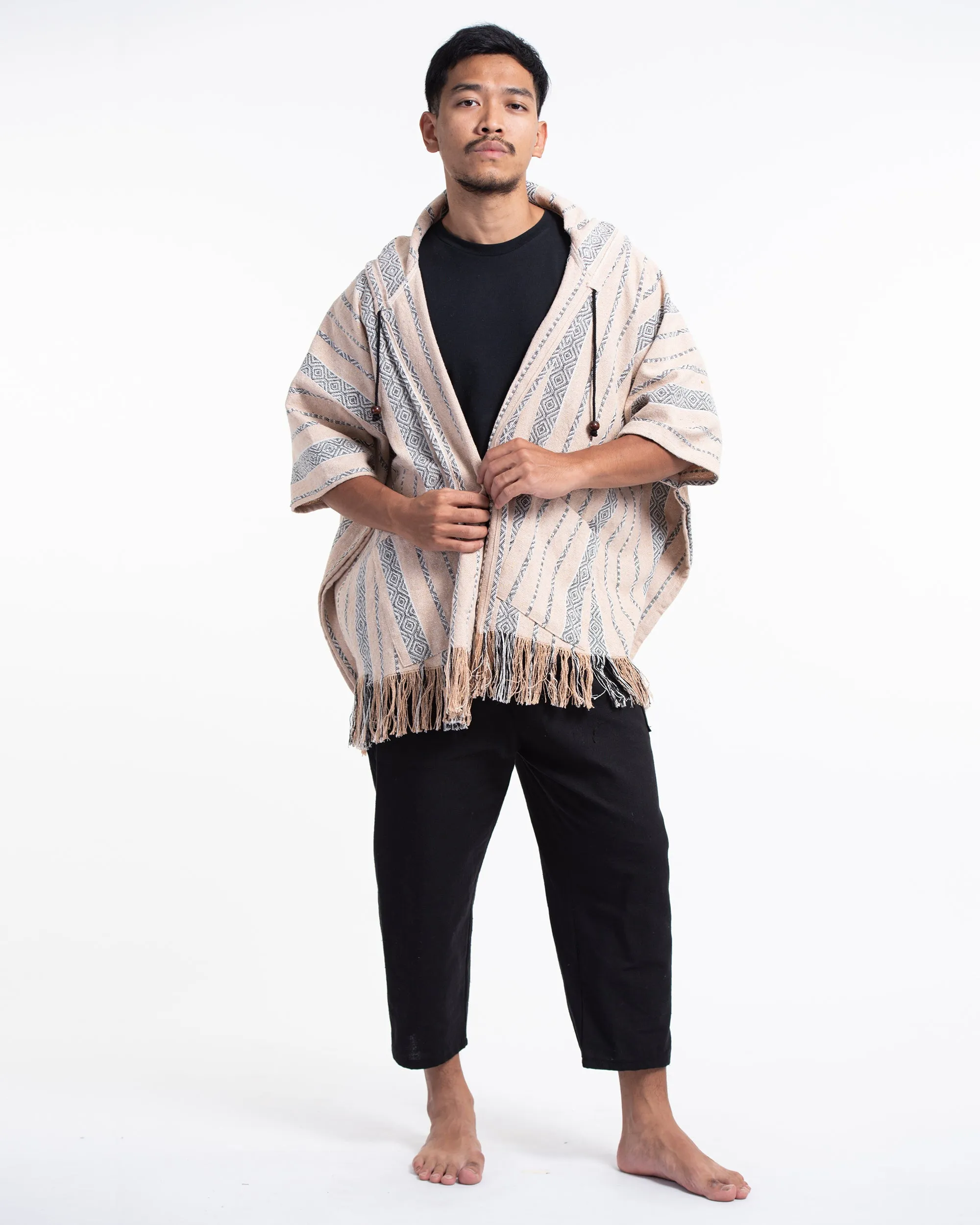 Hill Tribe Cotton Hooded Poncho Jacket in Beige Gray