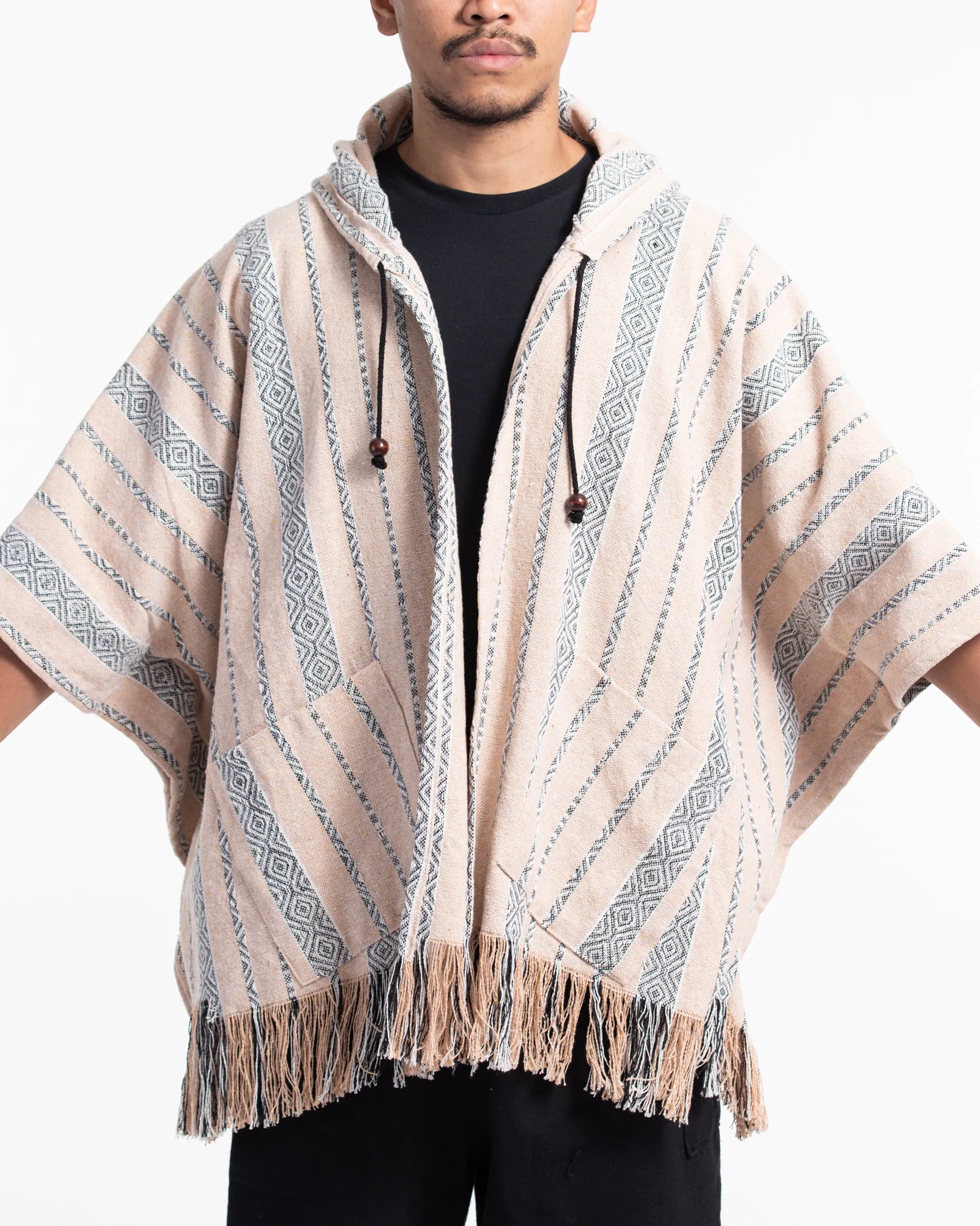 Hill Tribe Cotton Hooded Poncho Jacket in Beige Gray