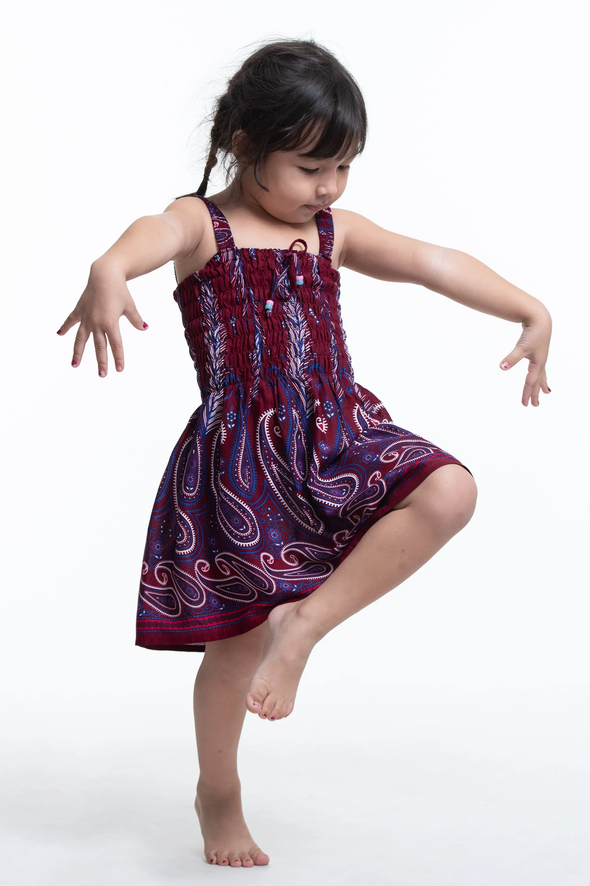 Kids Paisley Feathers Smock Dress in Red