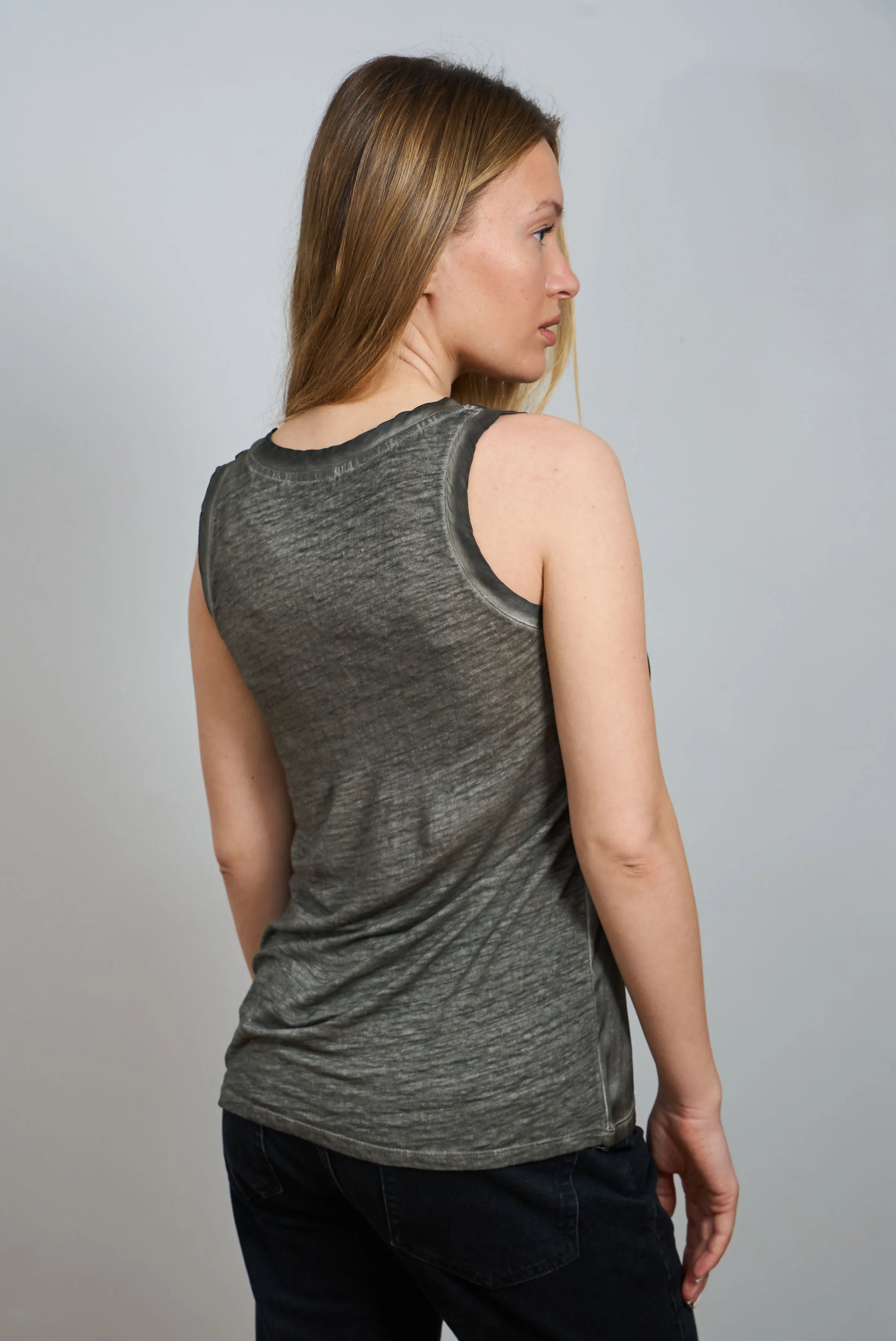 Linen Silk Scoop Neck Tank - Militaire