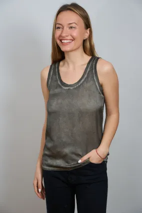 Linen Silk Scoop Neck Tank - Militaire