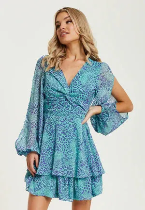 Liquorish Blue V-neck Leopard Print Knot Front Mini Dress