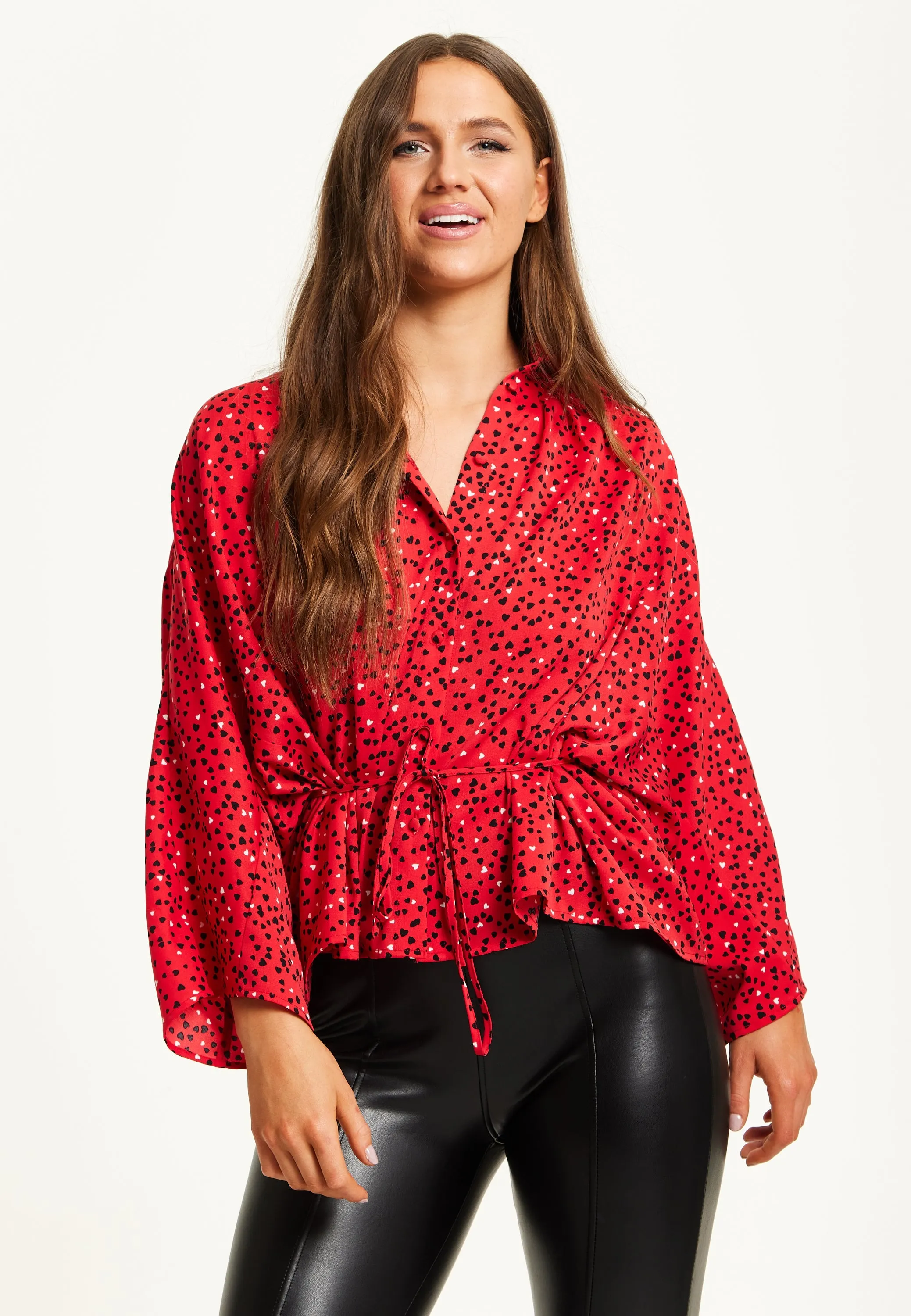 Liquorish Heart Print Shirt With Long Sleeves And Tie Waist