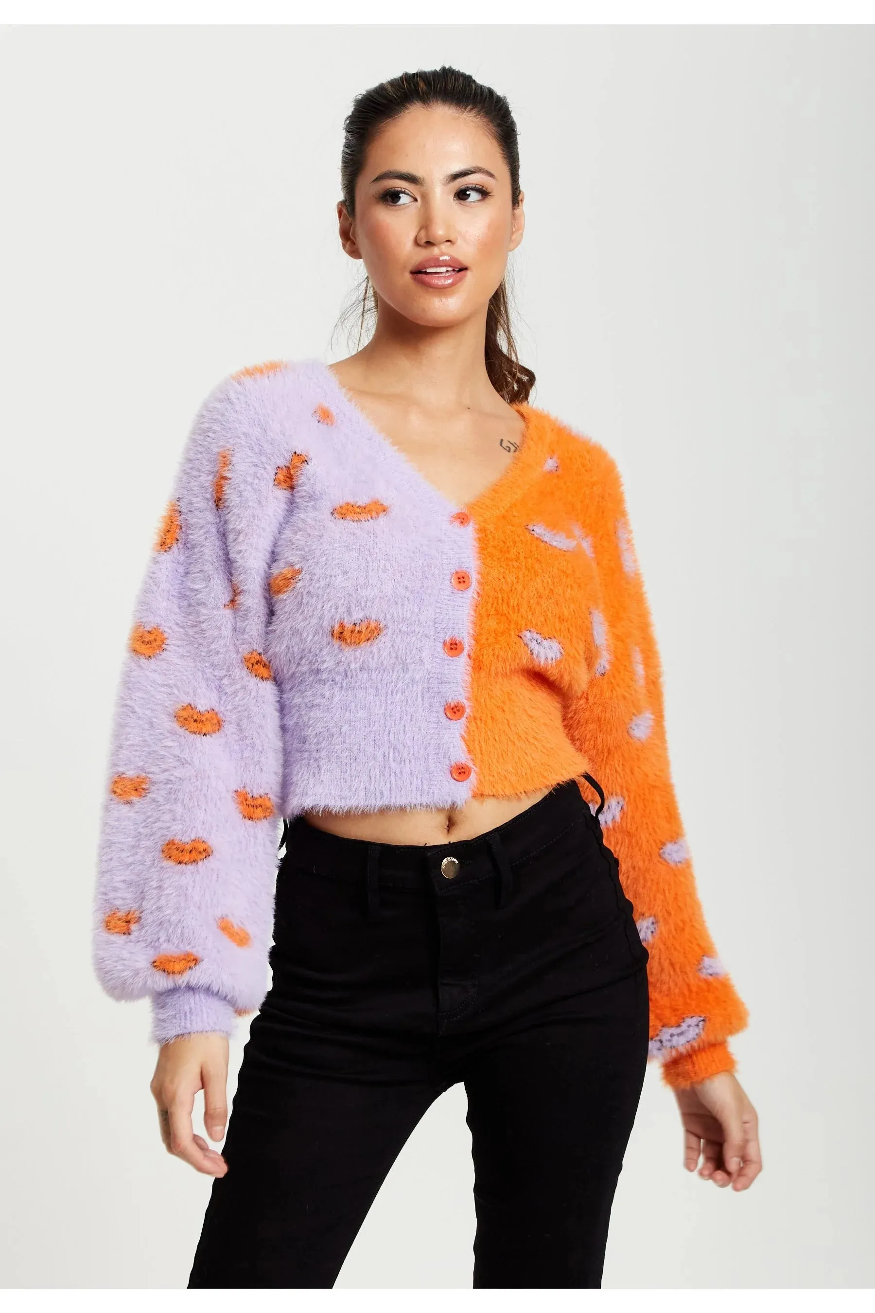 Liquorish Lip Pattern Fluffy Cardigan In Lilac And Orange