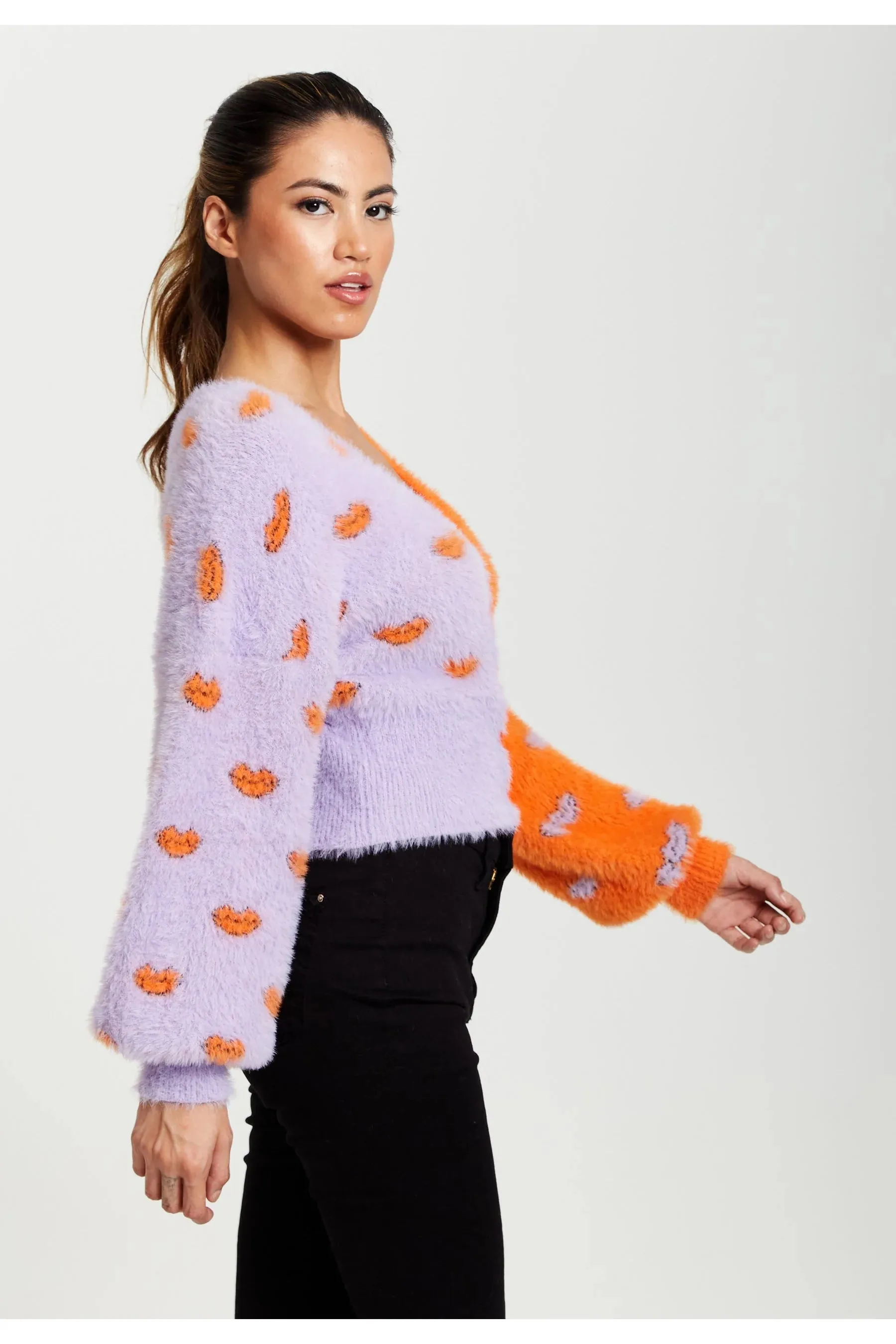 Liquorish Lip Pattern Fluffy Cardigan In Lilac And Orange