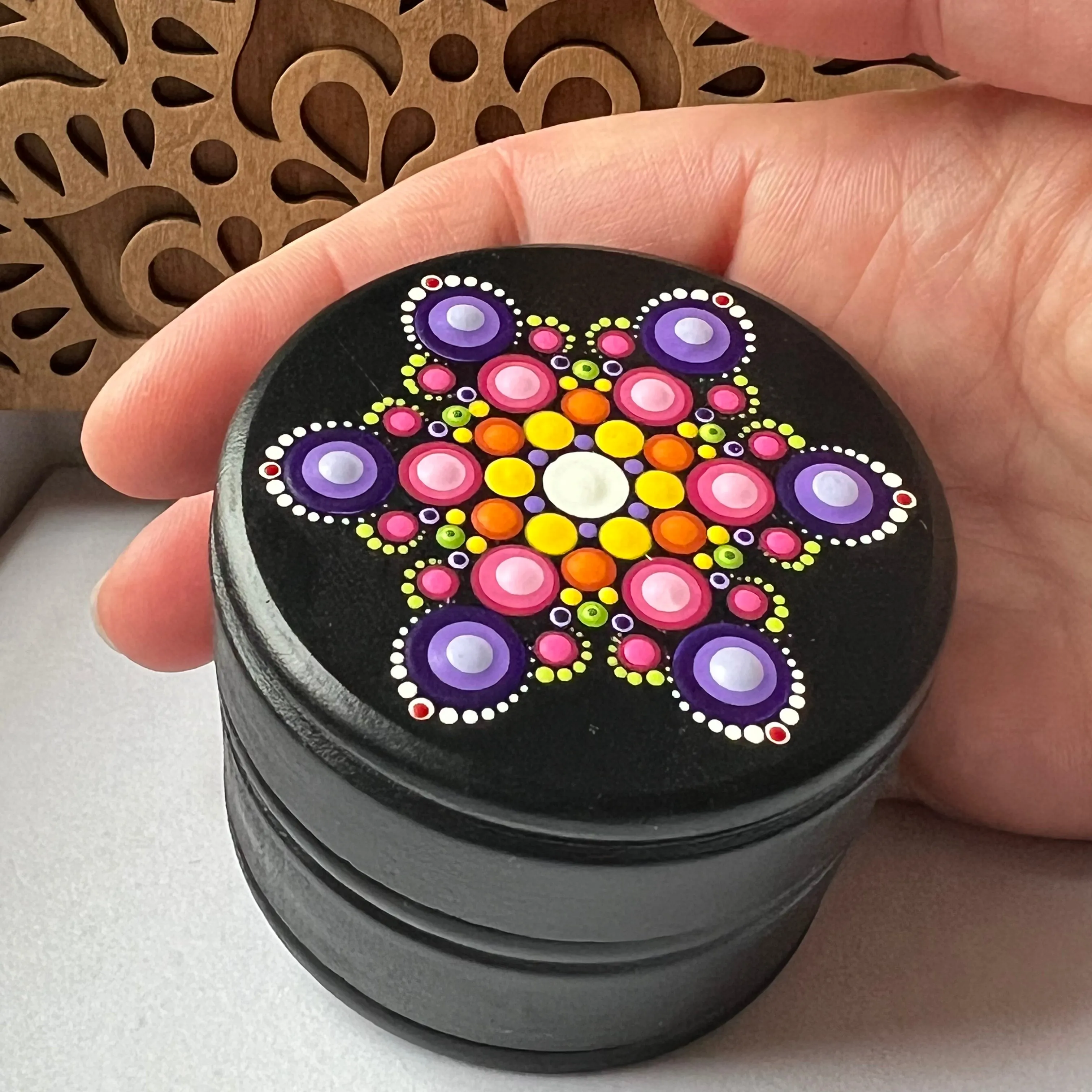 Mandala painted large circle box, Candy Store (215h)