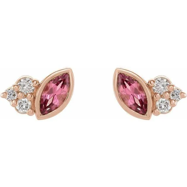 Marquise Pink Tourmaline & Diamond Cluster Gold or Platinum Leaf Stud Earrings