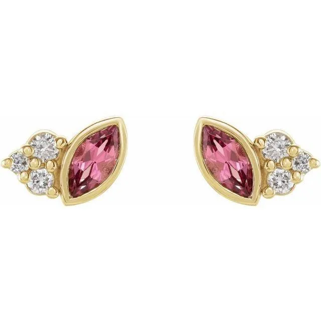 Marquise Pink Tourmaline & Diamond Cluster Gold or Platinum Leaf Stud Earrings