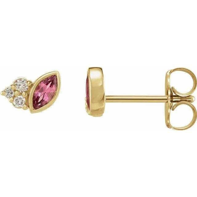 Marquise Pink Tourmaline & Diamond Cluster Gold or Platinum Leaf Stud Earrings