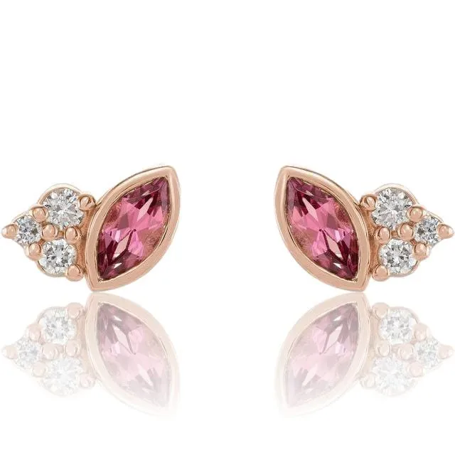 Marquise Pink Tourmaline & Diamond Cluster Gold or Platinum Leaf Stud Earrings