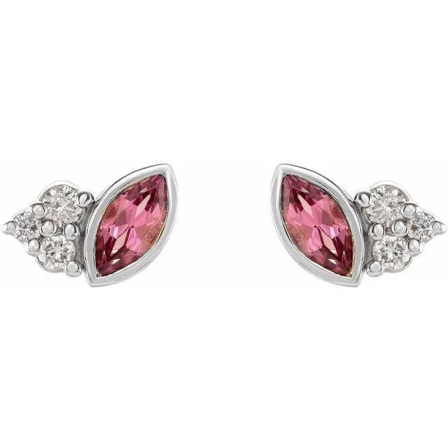 Marquise Pink Tourmaline & Diamond Cluster Gold or Platinum Leaf Stud Earrings