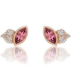 Marquise Pink Tourmaline & Diamond Cluster Gold or Platinum Leaf Stud Earrings