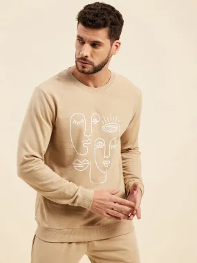 Men Beige Line Printed Sweatshirt