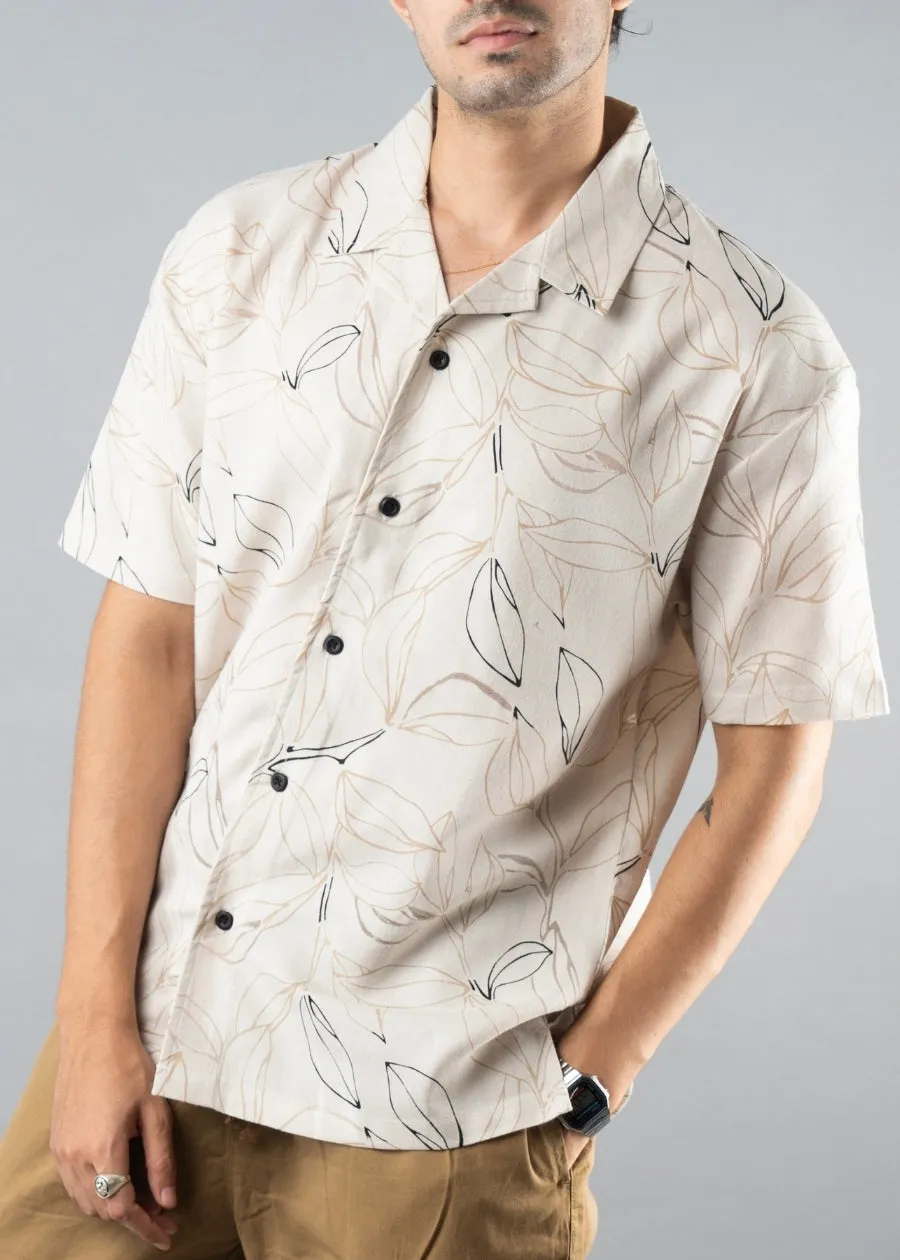 Mens Cuban Collar Printed Casual Shirt