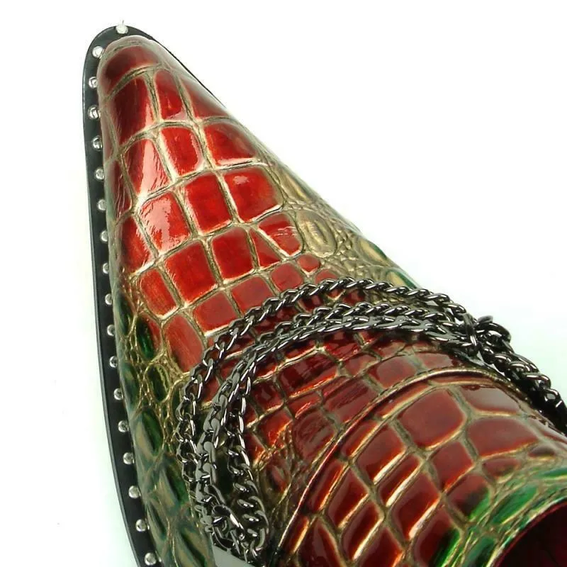 Men's Fiesso Red Green Alligator Print Chain Slip On Pointed Toe FI 7393