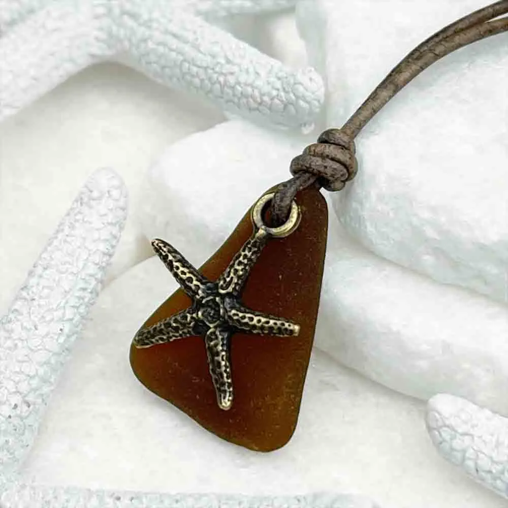 Natural Rootbeer Brown Sea Glass and Detailed Bronze Starfish on a Leather Necklace | #5103