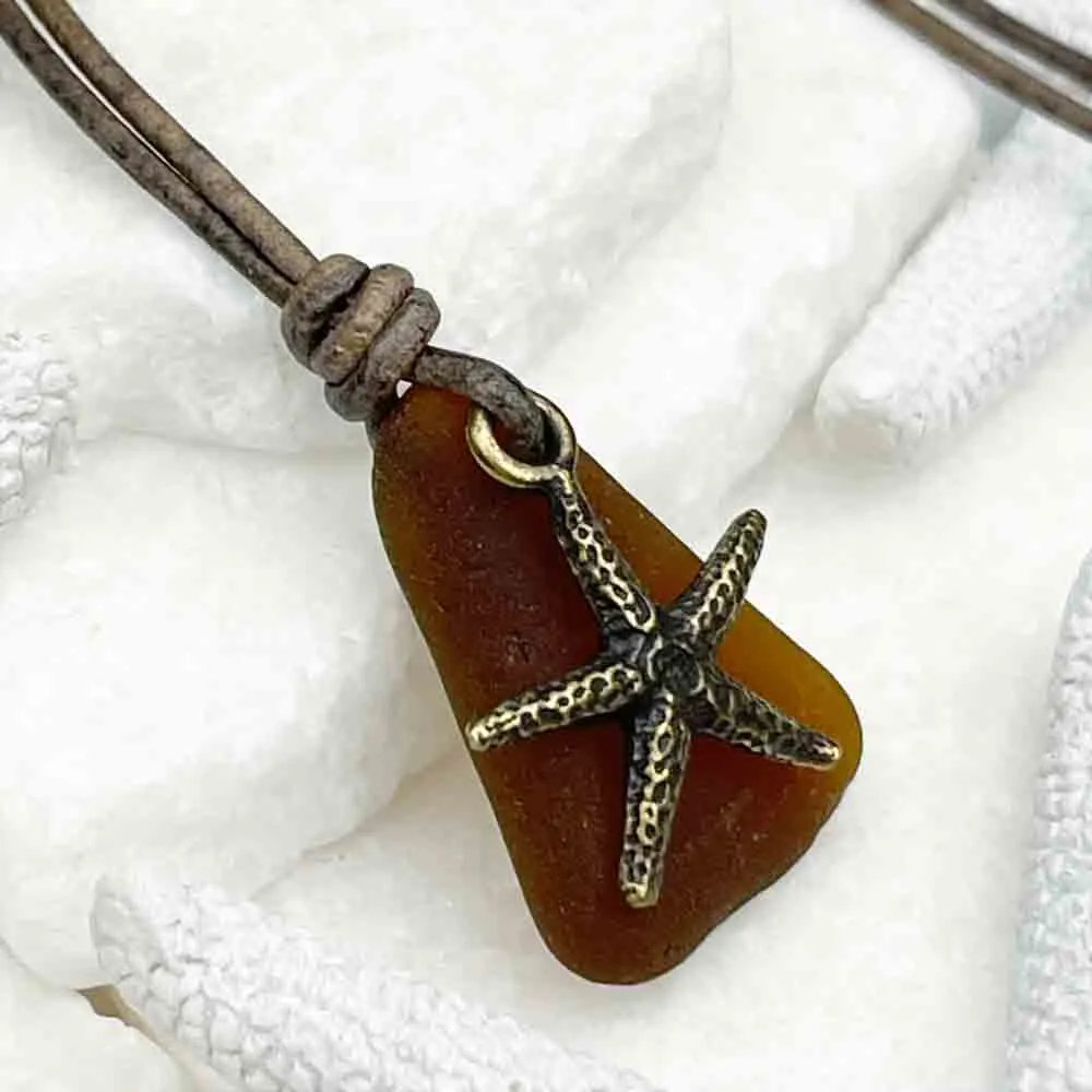 Natural Rootbeer Brown Sea Glass and Detailed Bronze Starfish on a Leather Necklace | #5103