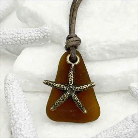 Natural Rootbeer Brown Sea Glass and Detailed Bronze Starfish on a Leather Necklace | #5103