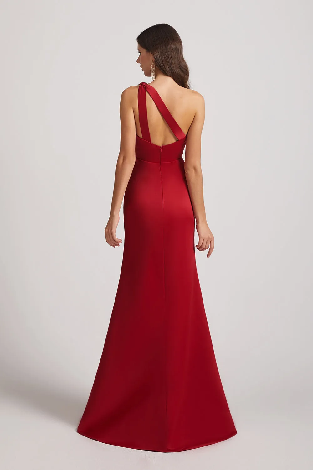 One Shoulder Satin Sheath Open Back Bridesmaid Dresses (AF0165)