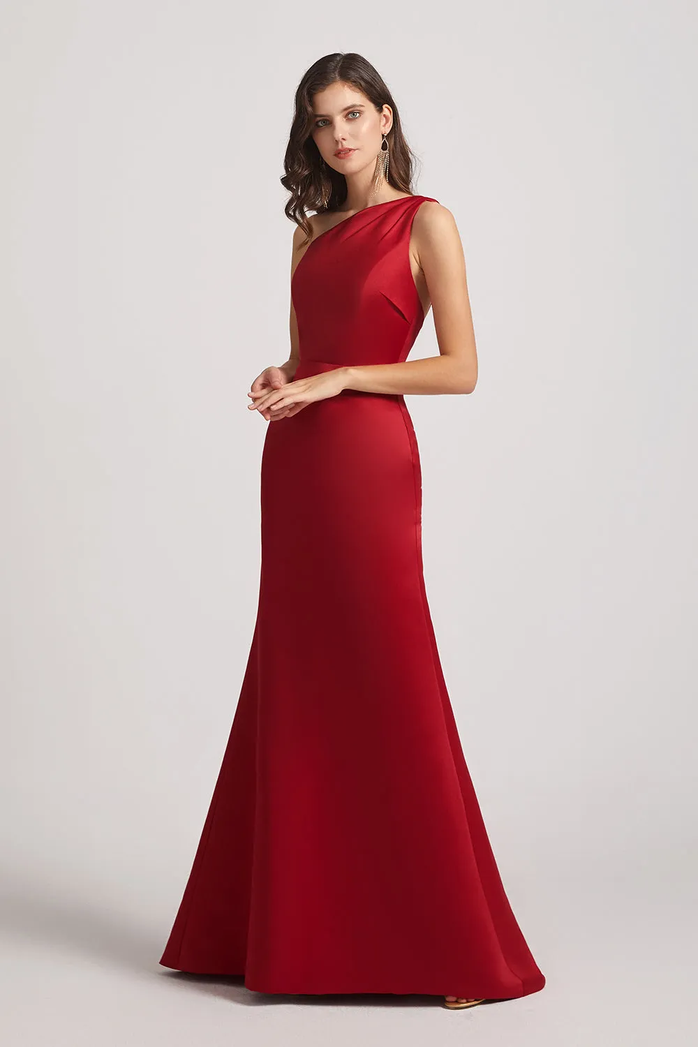 One Shoulder Satin Sheath Open Back Bridesmaid Dresses (AF0165)