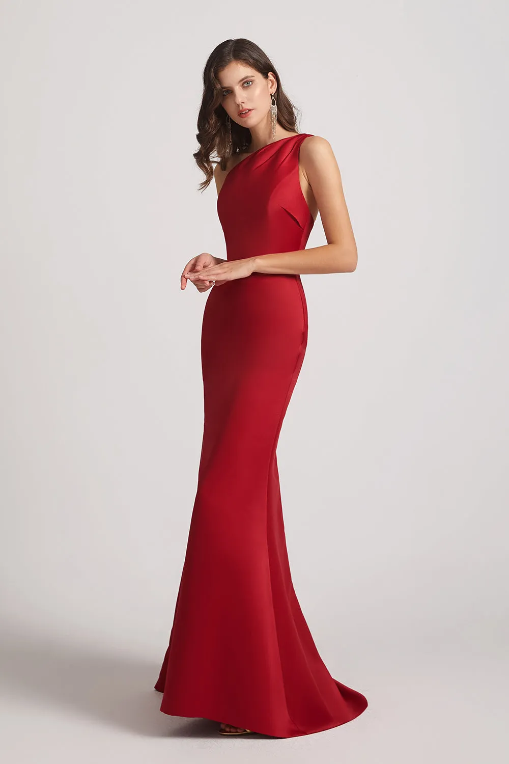 One Shoulder Satin Sheath Open Back Bridesmaid Dresses (AF0165)