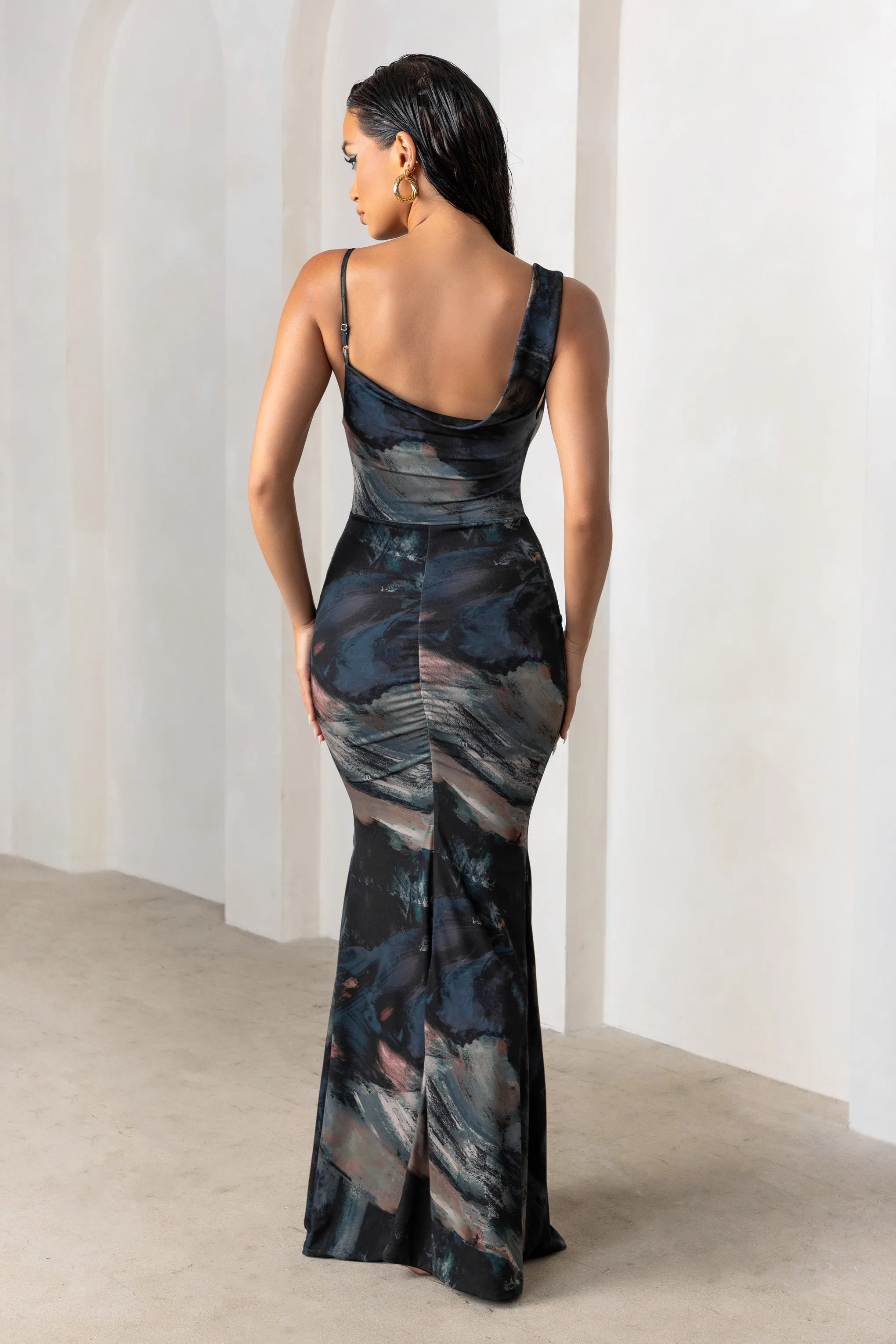 Phantasy | Black Abstract Print Asymmetric Neckline Cowl Maxi Dress