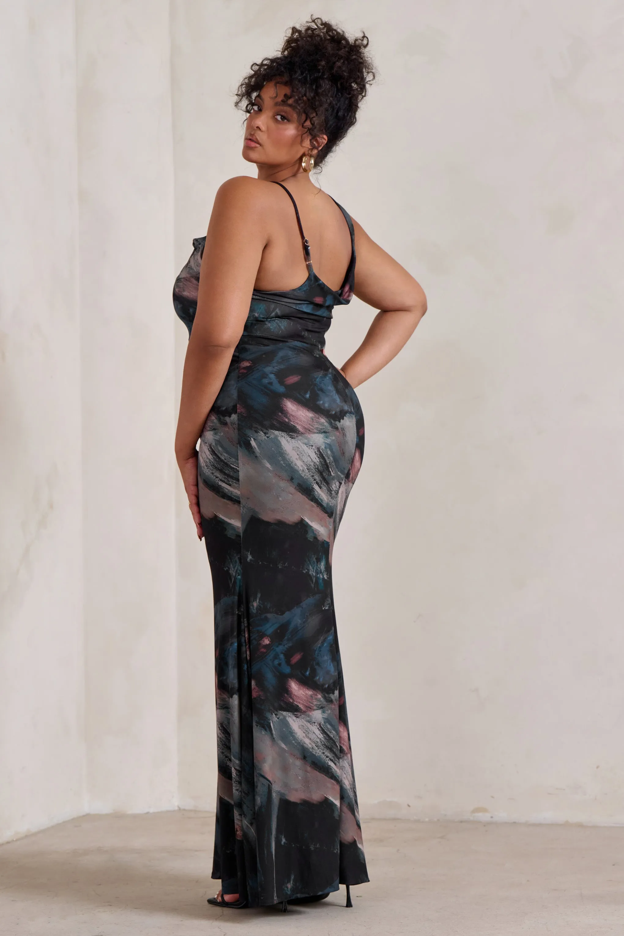 Phantasy | Black Abstract Print Asymmetric Neckline Cowl Maxi Dress