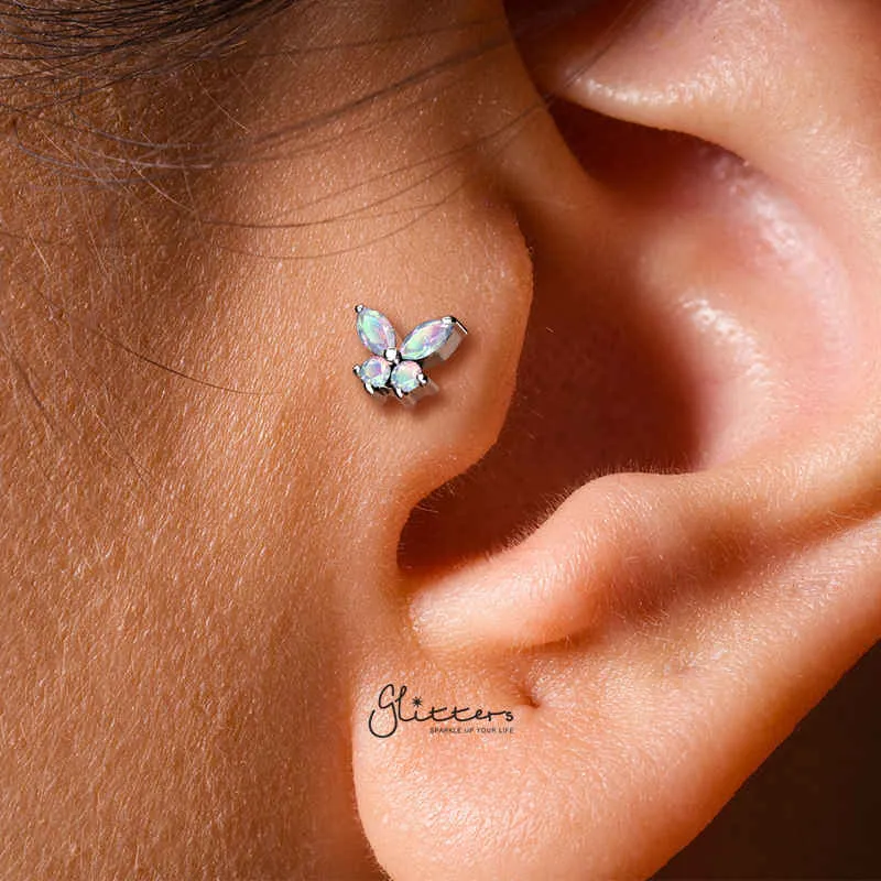 Prong Set CZ Butterfly Tragus Cartilage Barbell Stud - Aqua