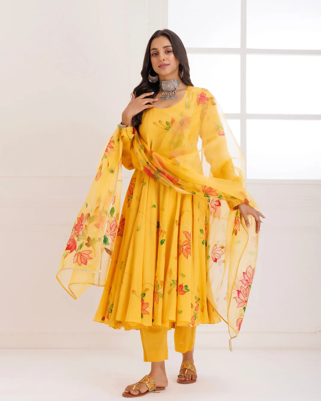 Rangreza Mustard HandPainted Anarkali Suit Set - Set of 3