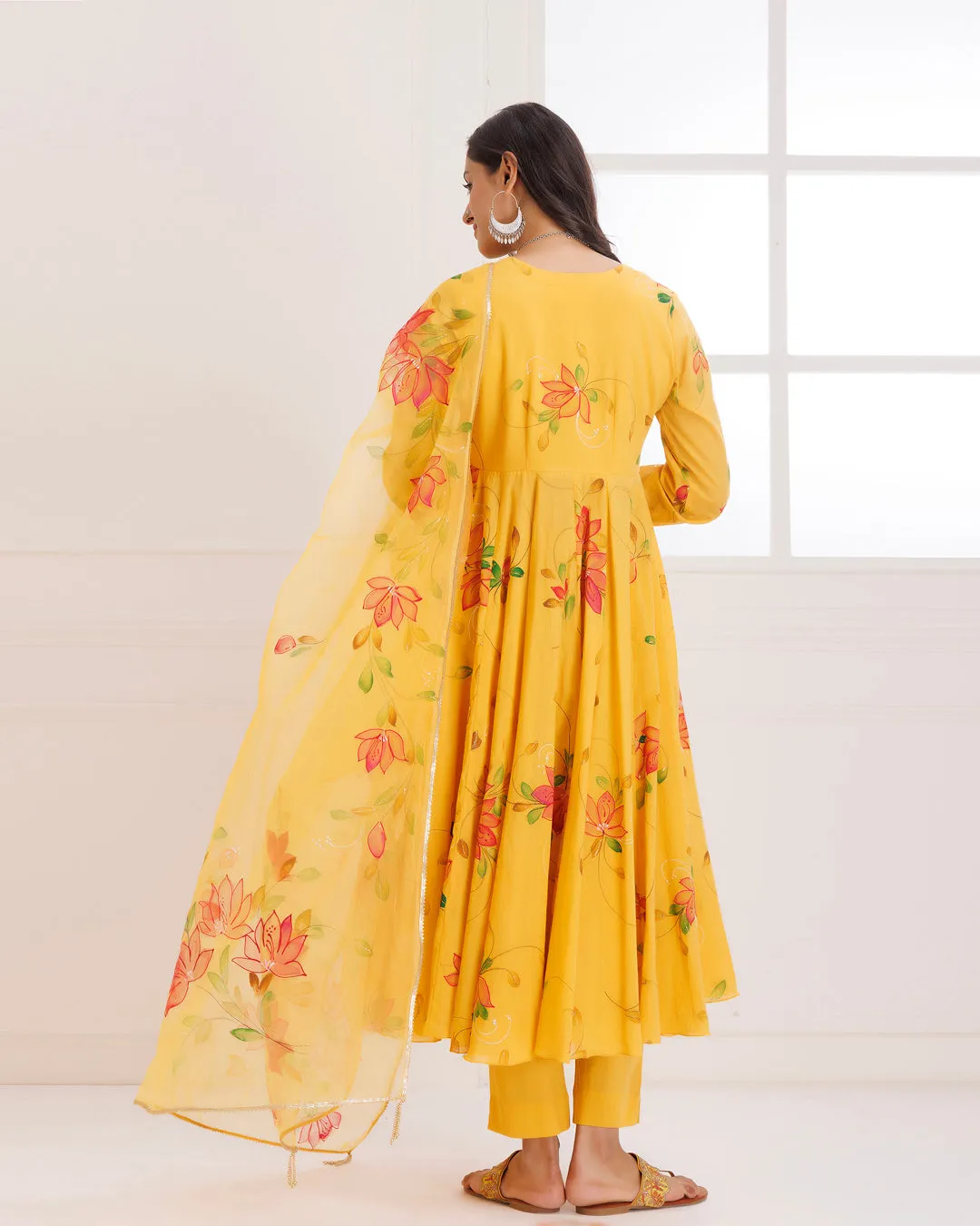 Rangreza Mustard HandPainted Anarkali Suit Set - Set of 3