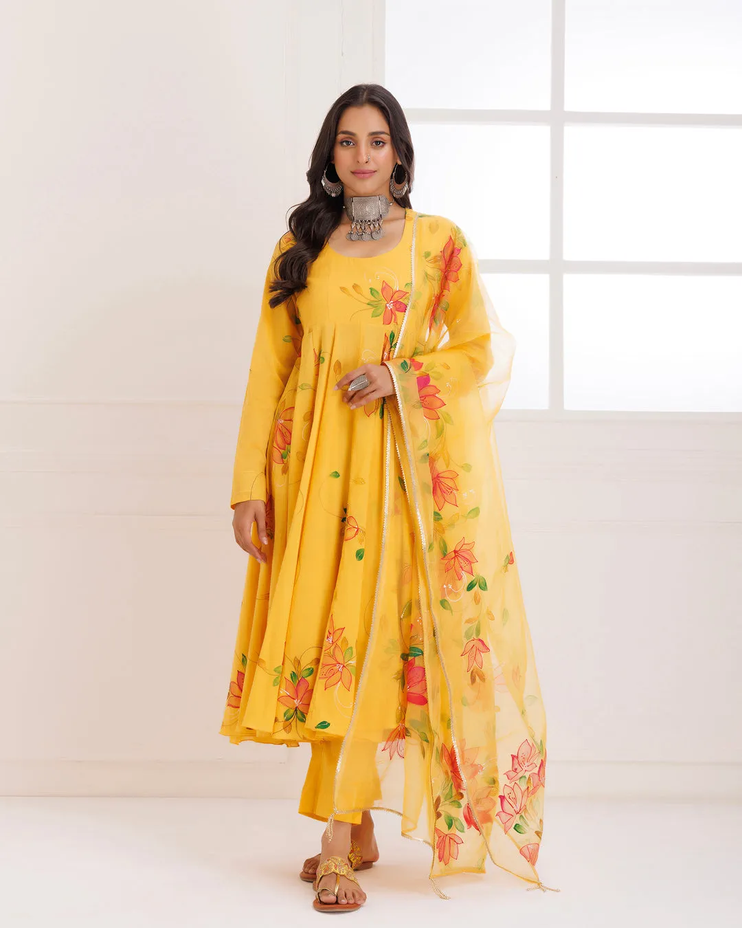 Rangreza Mustard HandPainted Anarkali Suit Set - Set of 3