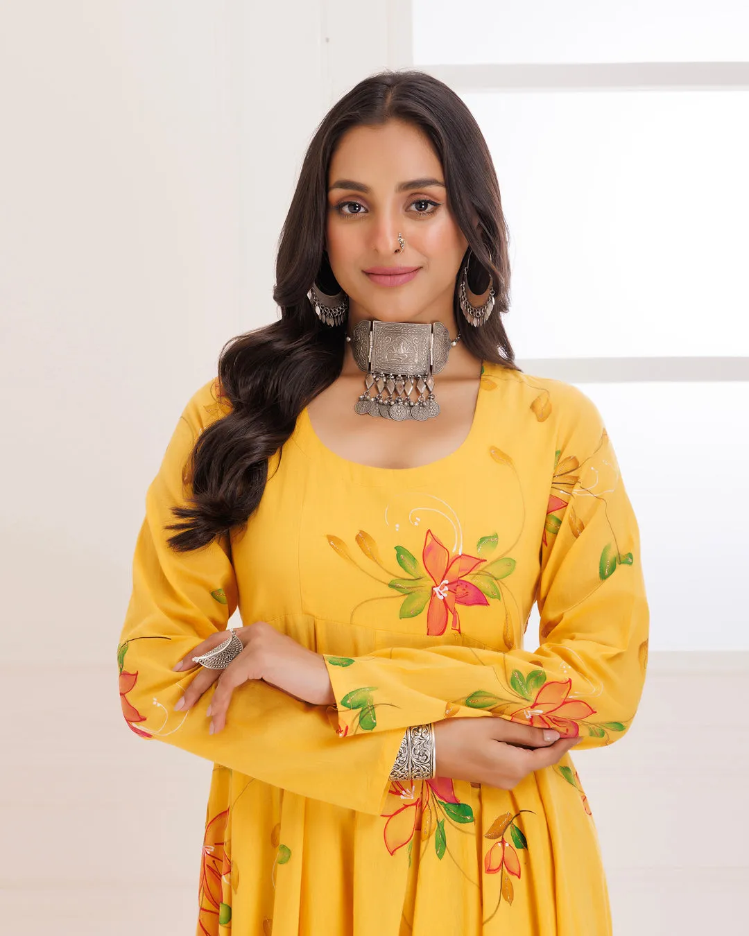 Rangreza Mustard HandPainted Anarkali Suit Set - Set of 3