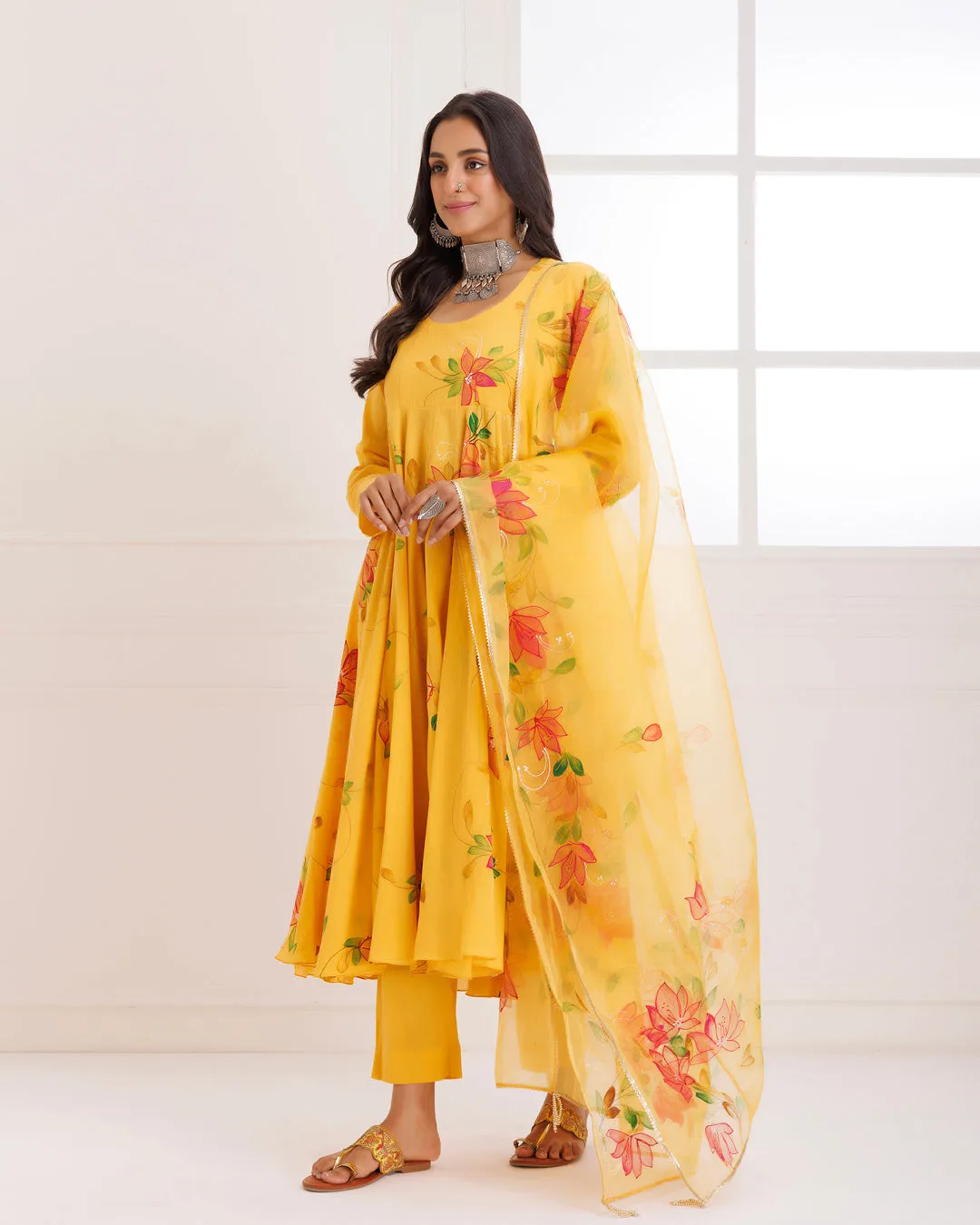 Rangreza Mustard HandPainted Anarkali Suit Set - Set of 3