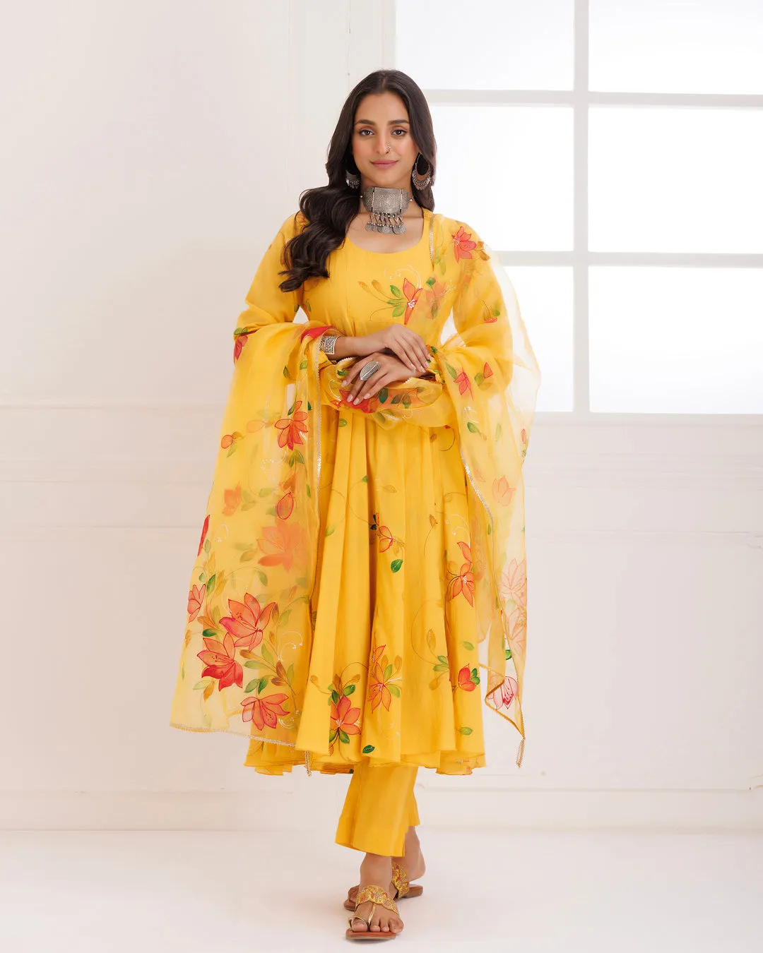 Rangreza Mustard HandPainted Anarkali Suit Set - Set of 3