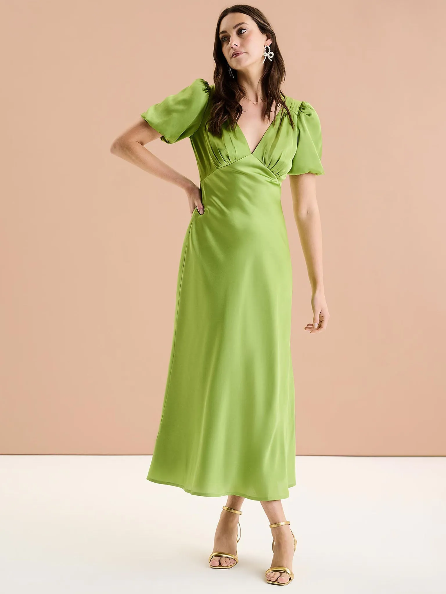 Rosie Ruched Puff Sleeve Dress in Sage