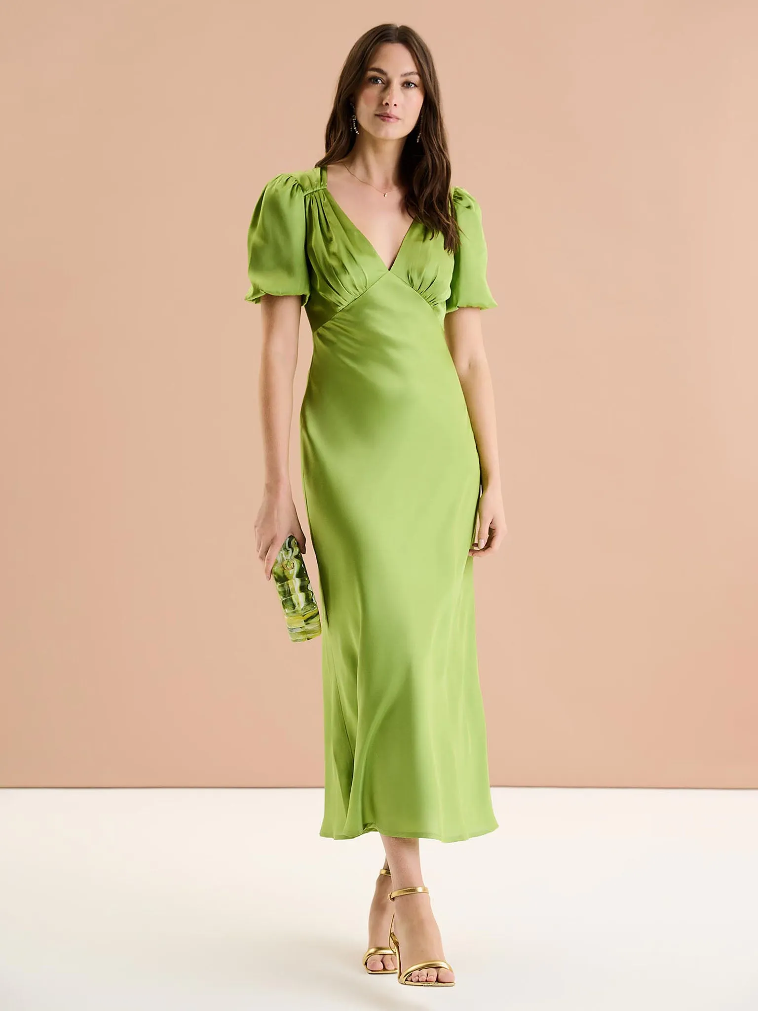 Rosie Ruched Puff Sleeve Dress in Sage