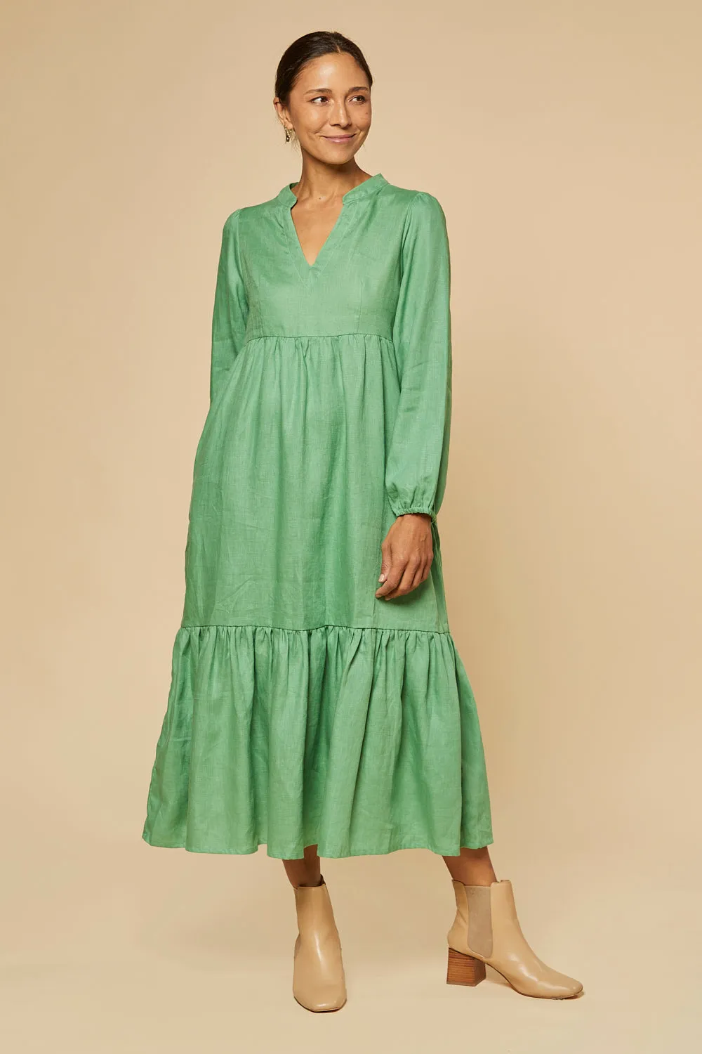 Sabre V-Neck Linen Dress in Jadesheen