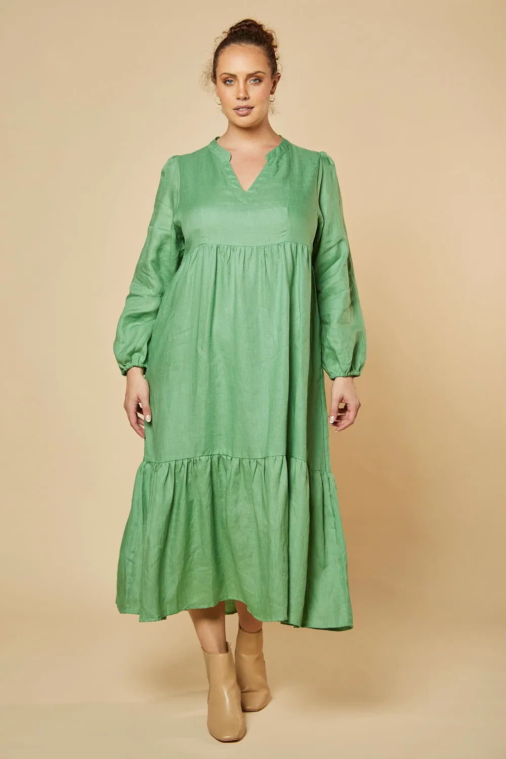 Sabre V-Neck Linen Dress in Jadesheen