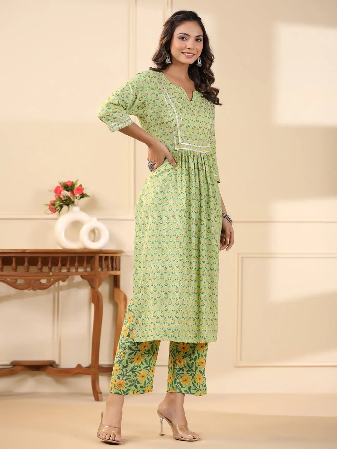 Sadabahaar Mint & Yellow Butti Handblock Printed Cotton Kurta Pant