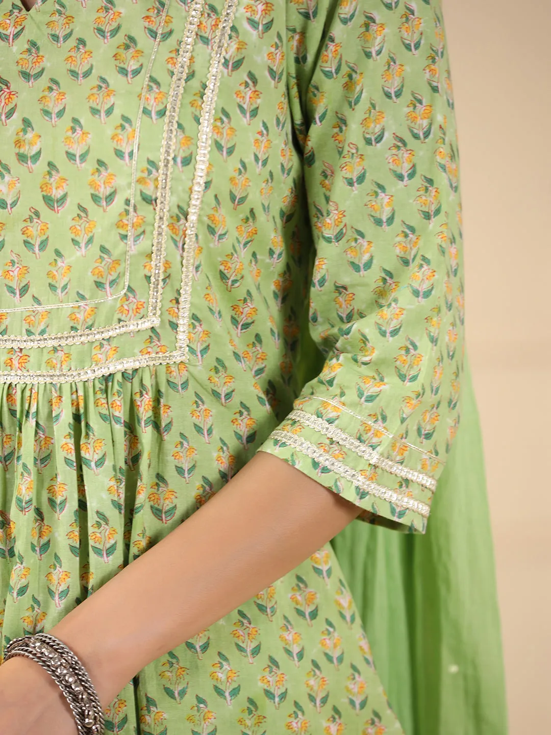 Sadabahaar Mint & Yellow Butti Handblock Printed Cotton Kurta Pant