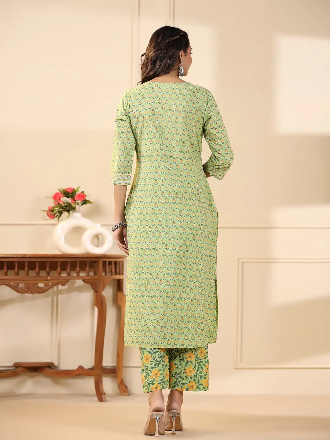 Sadabahaar Mint & Yellow Butti Handblock Printed Cotton Kurta Pant