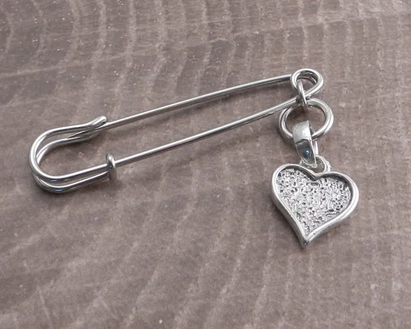 Safety Pin with Heart Text Pendant