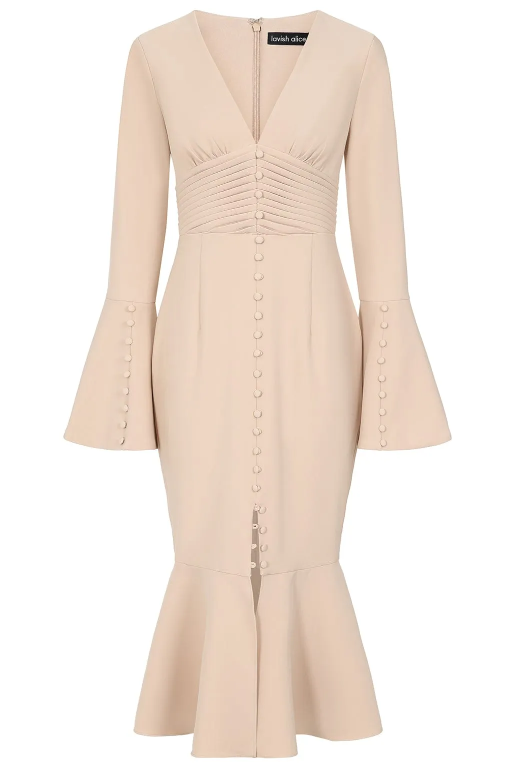 SALMA Fluted Sleeve Longline Fishtail Midi Dress In Beige