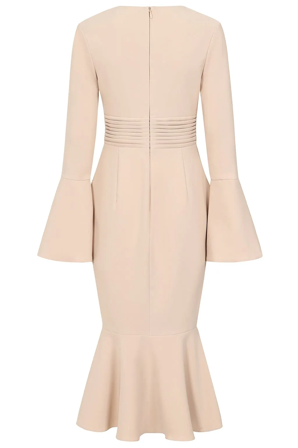 SALMA Fluted Sleeve Longline Fishtail Midi Dress In Beige