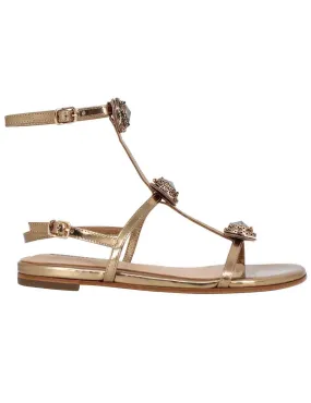 Sandali flat slingback donna in pelle bronzo con borchie e punta quadra Lya